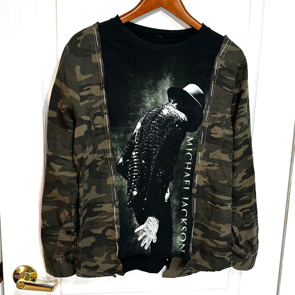 Custom Michael Jackson Camo Reconstructed Graphic Tee Jacket Women's Medium